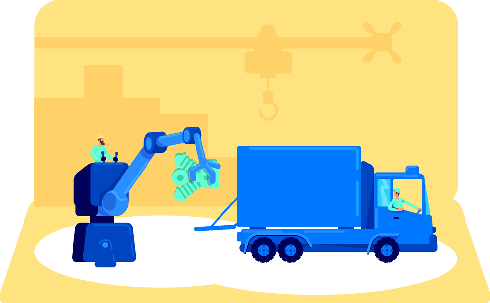 面包車平面概念矢量圖 從工廠生產到倉庫儲存的工業工作創意分發過程